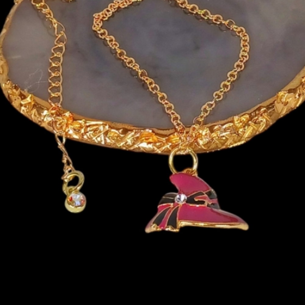 Magenta Witch Hat Gold Pendant Necklace Whimsigoth Wicked Glinda Glam Luxe Bling